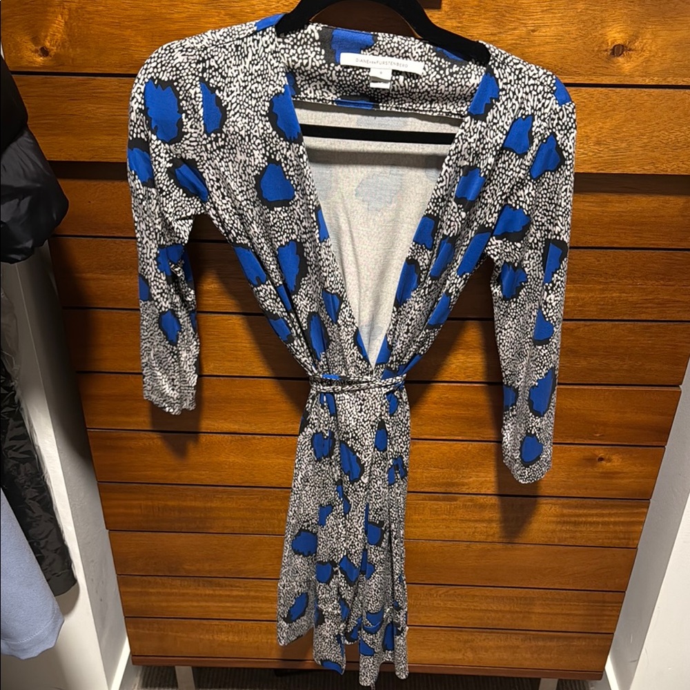 DVF Blue and Black Patterned Wrap Dress